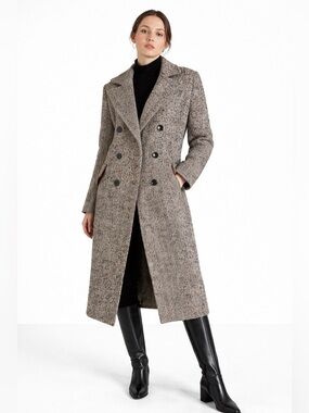 Bernardo Long Double-Breasted Herringbone Trench Coat — Brown Sz XL NWT